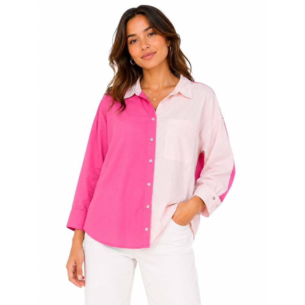 Hailey & Co‎ Pink Colorblock Oversized Button Down Shirt L Barbiecore Preppy